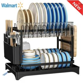 Dish Drainers for Kitchen Counter, 2 Tier Stainless Steel Dish Drying Rack with Drainboard
