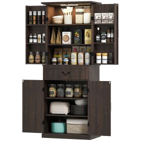 71" LED Kitchen Pantry Cabinet, Farmhouse Storage Cabinet Distressed Brown