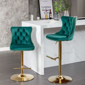 Golden Swivel Green Velvet Barstools Adjustable Seat