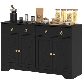Farmhouse Buffet Cabinet with Barn Style Doors, Drawers, Adjustable Shelves, Black