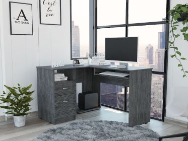 Mix L-Shaped Desk; Keyboard Tray; Two Drawers; Single Open Shelf -Smokey Oak