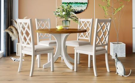 TOPMAX Mid-Century Solid Wood 5-Piece Round Dining Table Set, Kitchen Table Set with Upholstered Chairs for Small Places, Walnut Table+Beige Chai